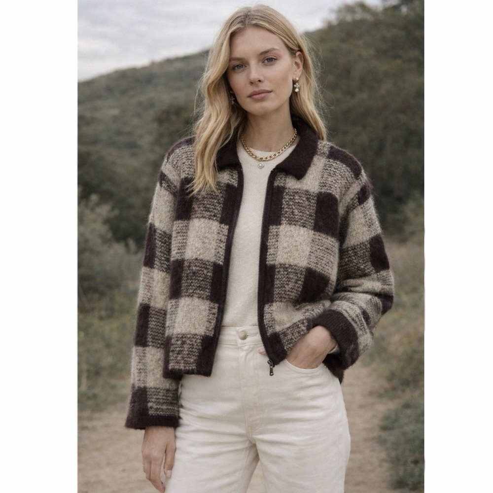 Vintage Paul Harris Mohair Check Zipper Sweater Jacket Size Medium